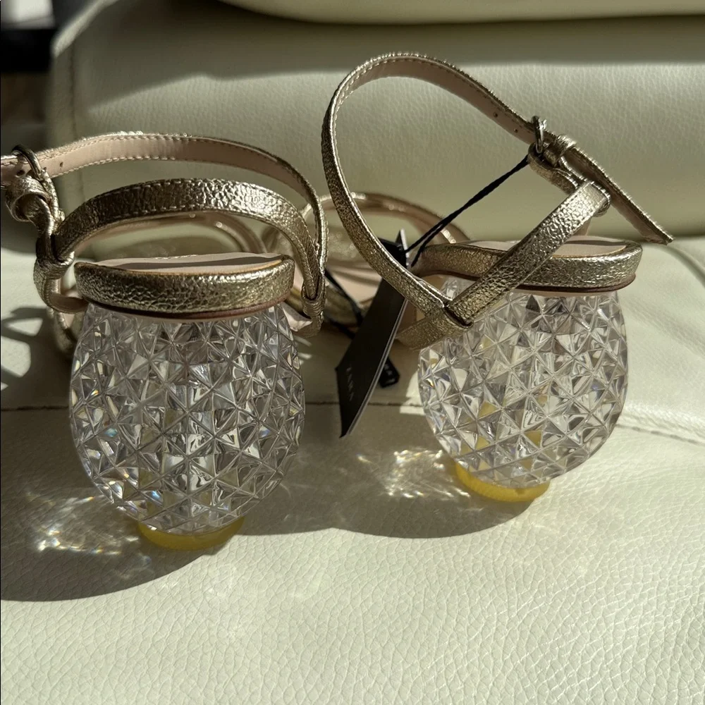 Zara‎ Gold Strappy Heels With Crystal Block